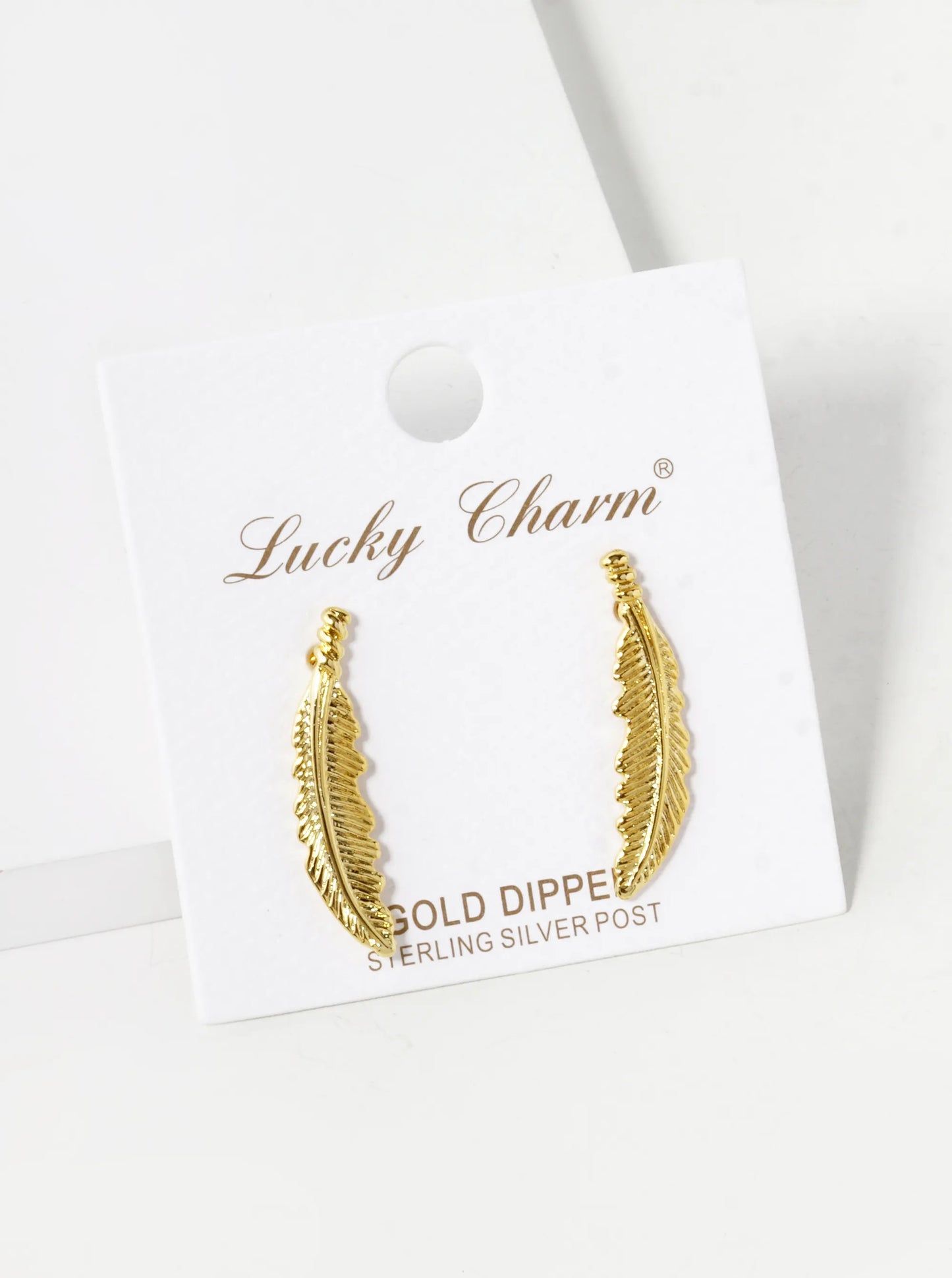 18K Gold Dipped 1 Inch Textured Brass Feather Sterling Silver Post Stud Earrings