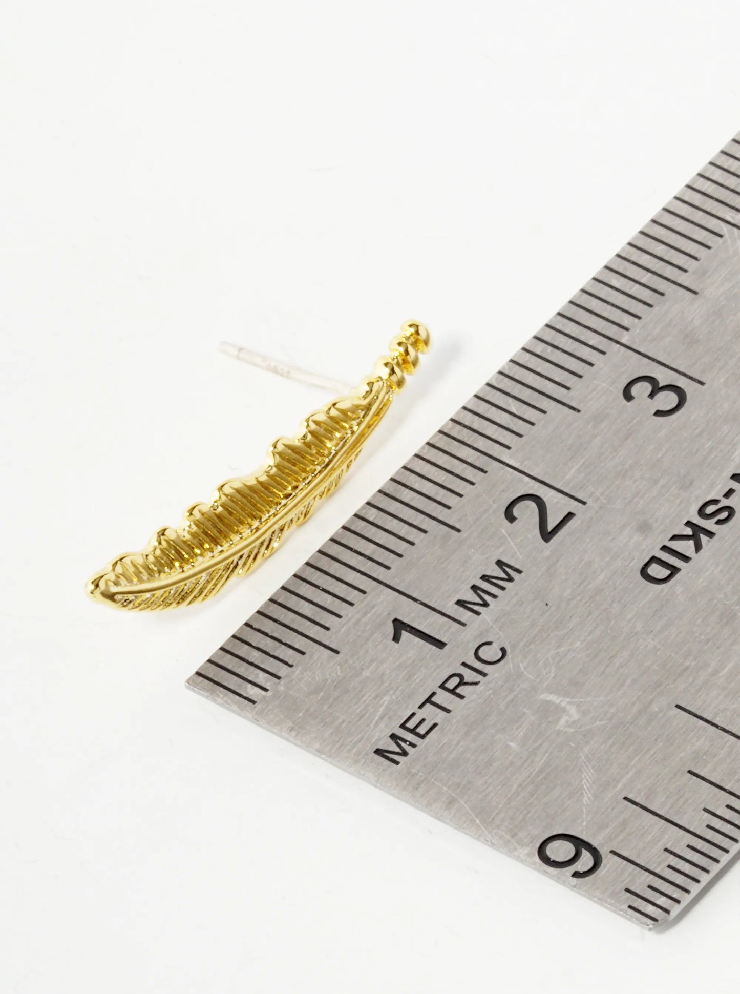 18K Gold Dipped 1 Inch Textured Brass Feather Sterling Silver Post Stud Earrings