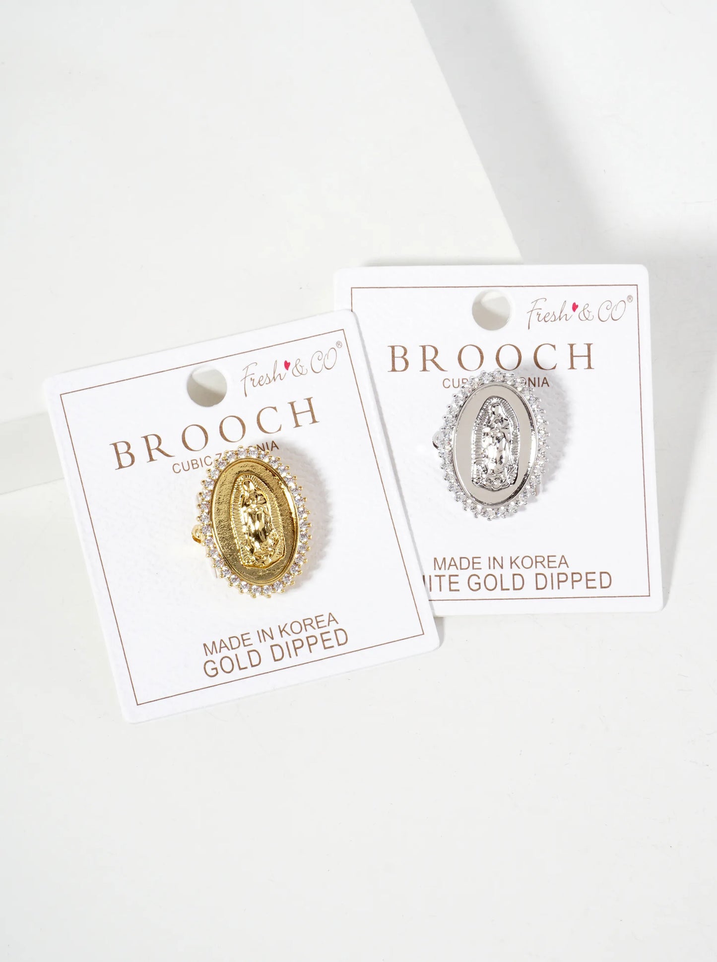 18K-Gold-Dipped 1-inch Virgin-Mary Brooch In Oval Frame Cubic-Zirconia Pave-Detailing-on-the-Edges