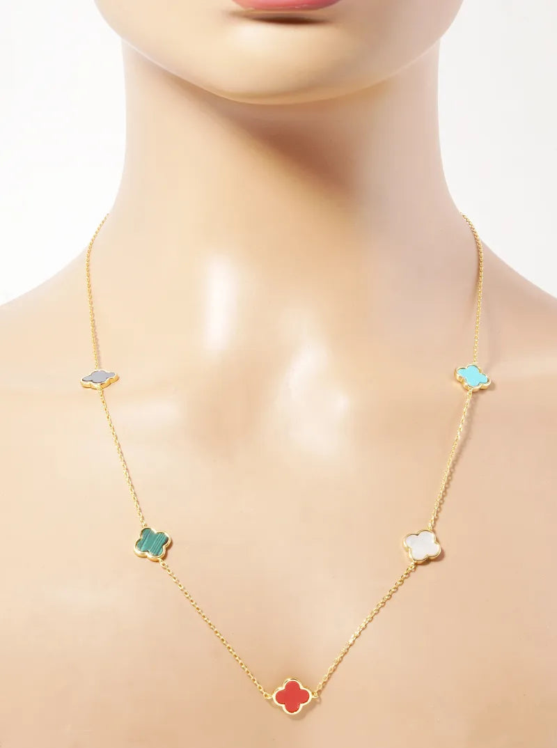 18K Gold Dipped 10mm 5 Semi-Precious Quatrefoil Pendant 24 Inch Long Station Necklace