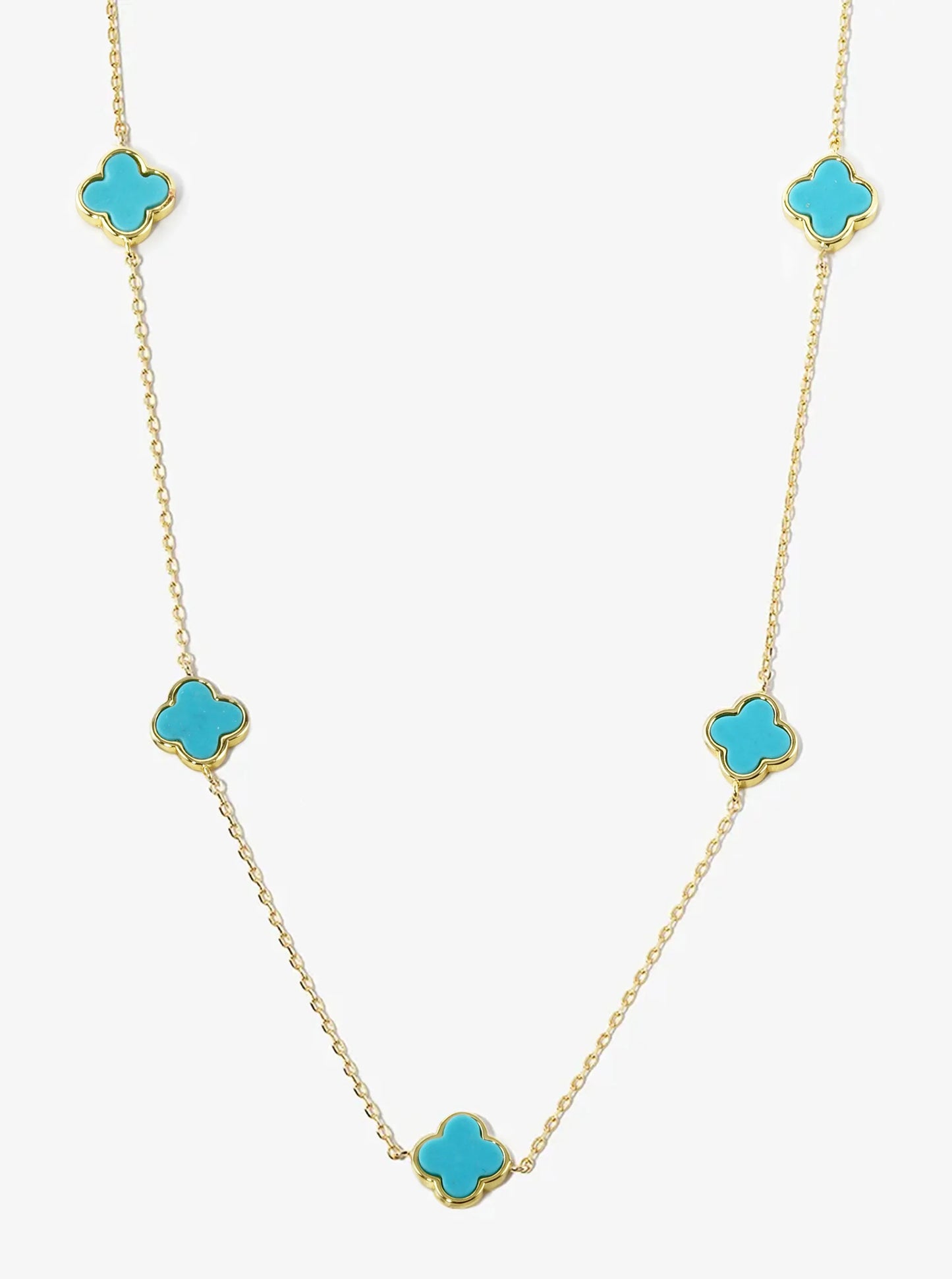 18K Gold Dipped 10mm 5 Semi-Precious Quatrefoil Pendant 24 Inch Long Station Necklace