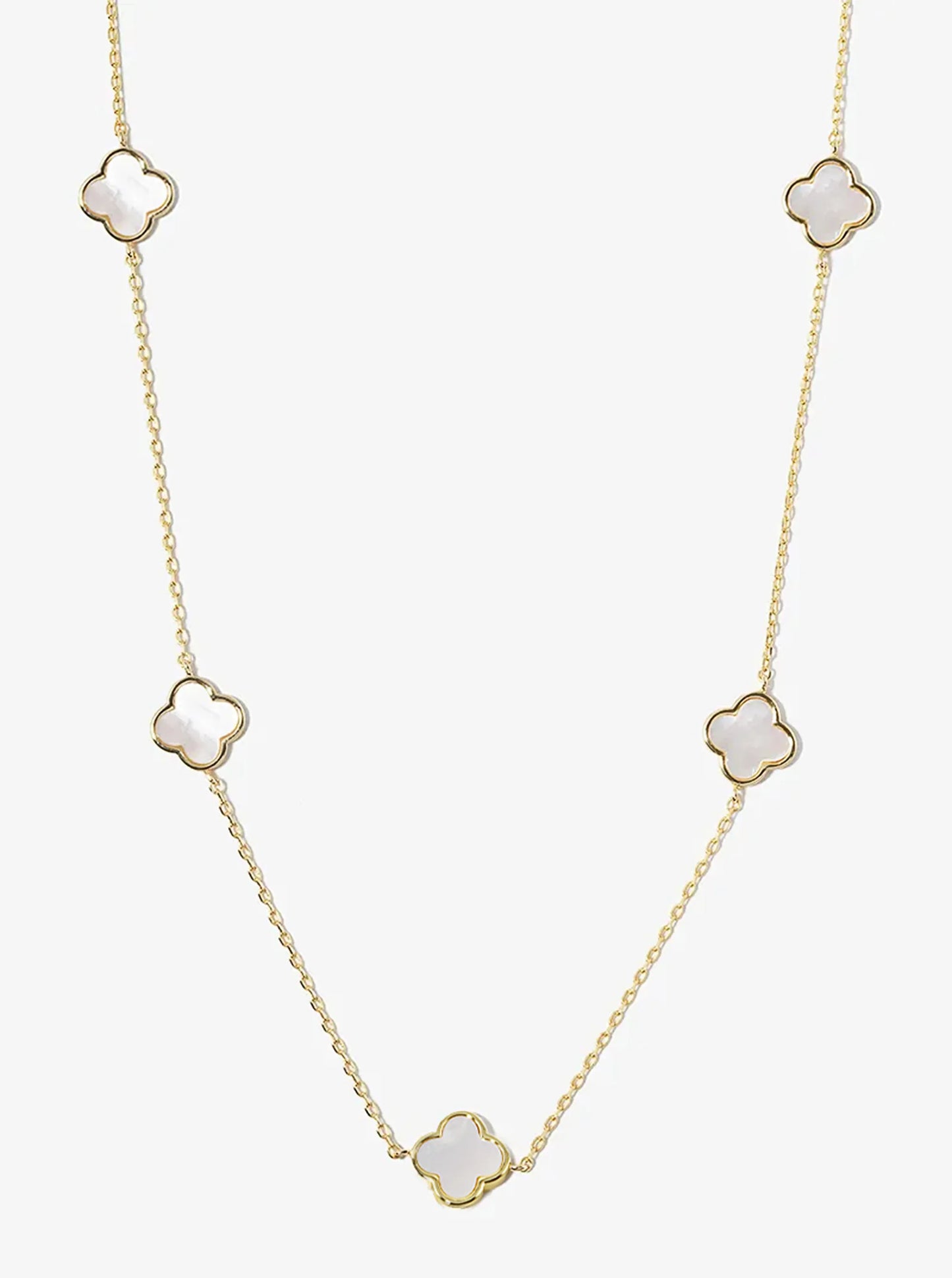 18K Gold Dipped 10mm 5 Semi-Precious Quatrefoil Pendant 24 Inch Long Station Necklace