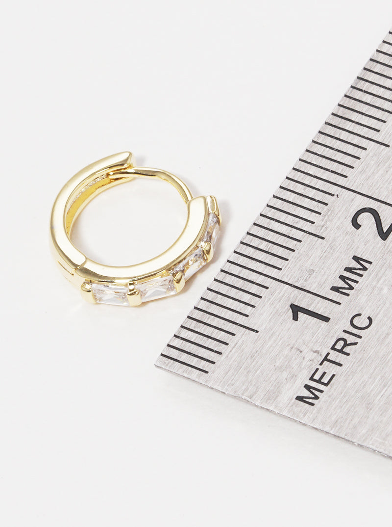 18K Gold Dipped 10mm Baguette CZ Studded Huggie Hoop Earrings