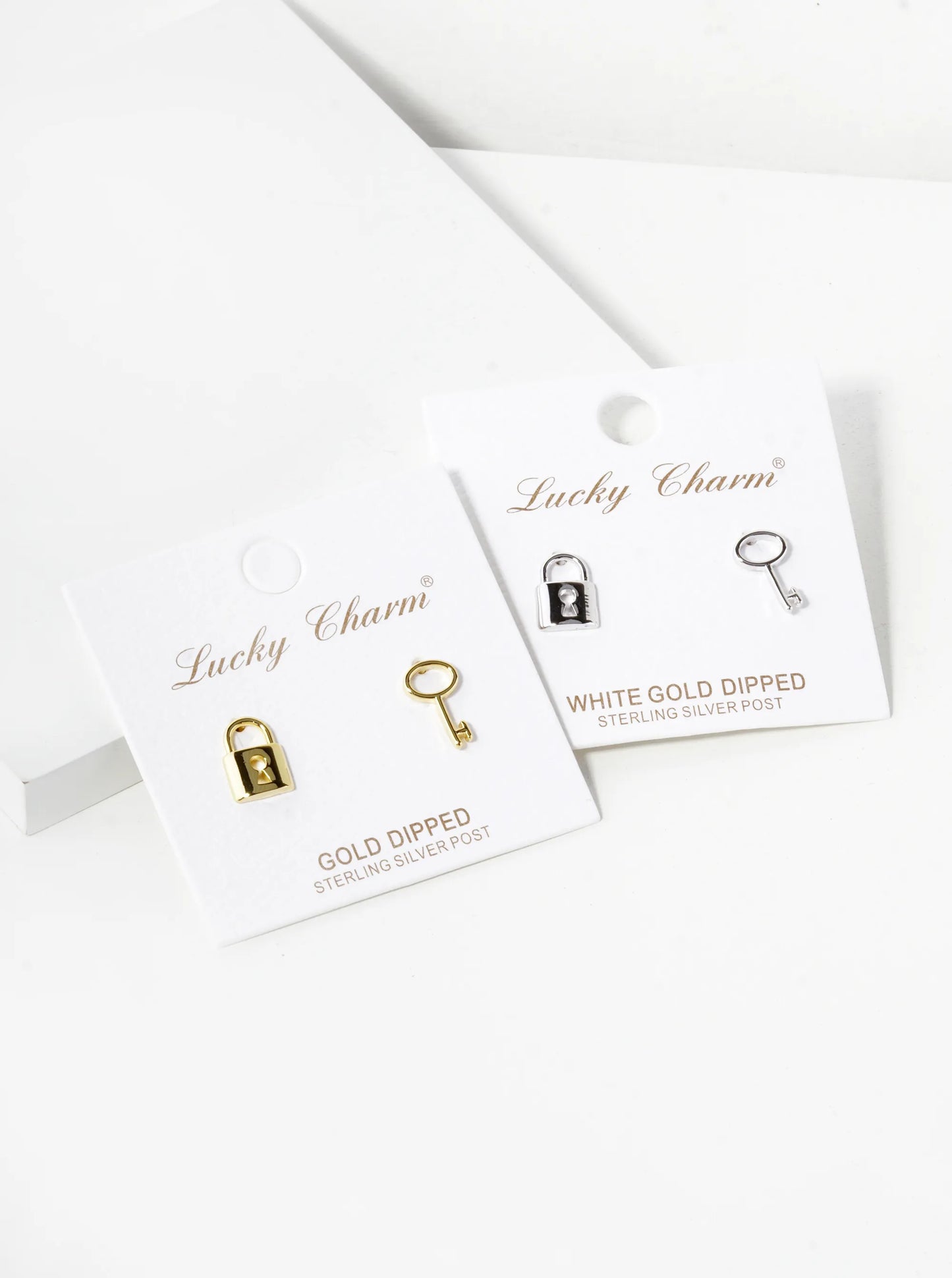 18K Gold Dipped 10mm Brass Lock And Key Asymmetric Sterling Silver Post Stud Earrings