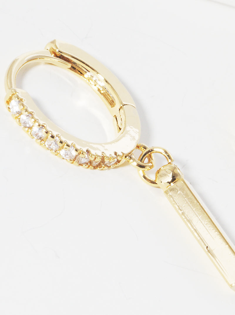 18K Gold Dipped 10mm CZ Pave Huggie Hoop Earrings With Bar Drop