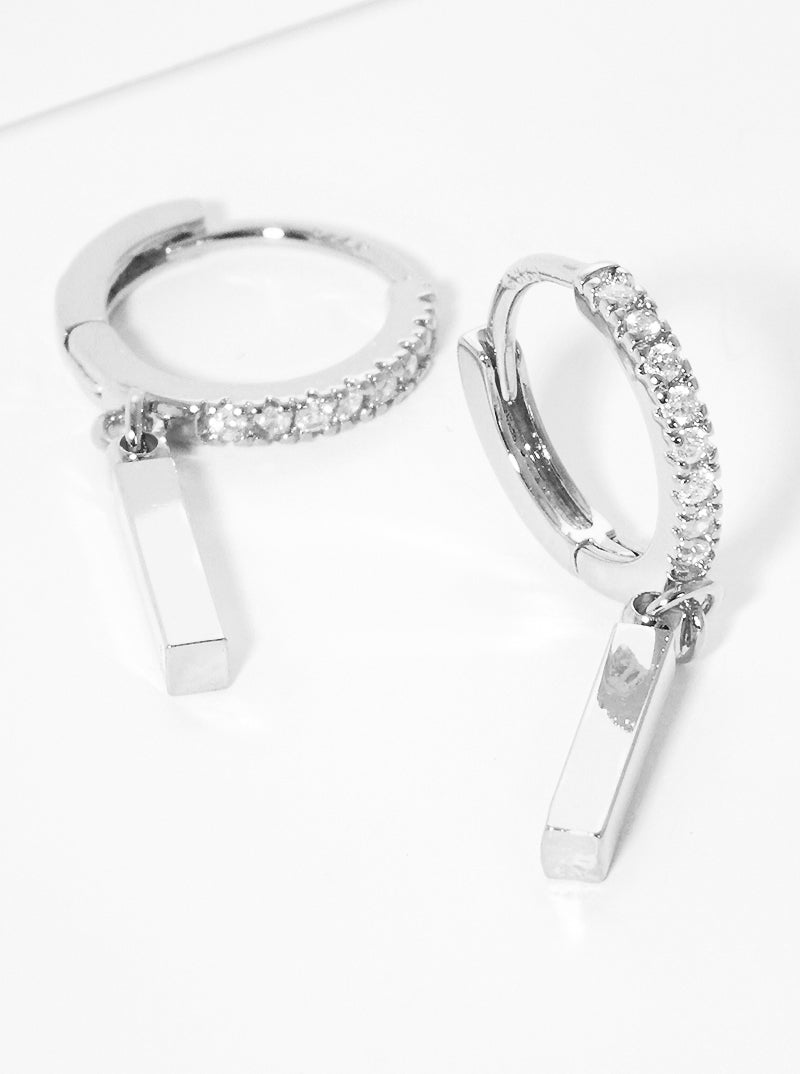 18K Gold Dipped 10mm CZ Pave Huggie Hoop Earrings With Bar Drop