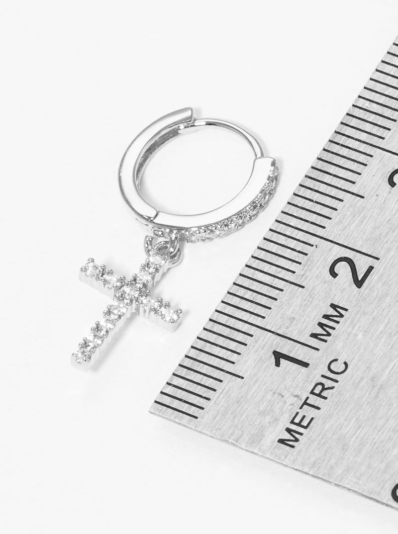 18K Gold Dipped 10mm CZ Pave Huggie Hoop Earrings With Cross Drop