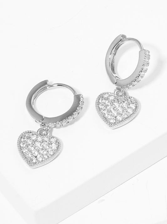 18K Gold Dipped 10mm CZ Pave Huggie Hoop Earrings With Heart Drop
