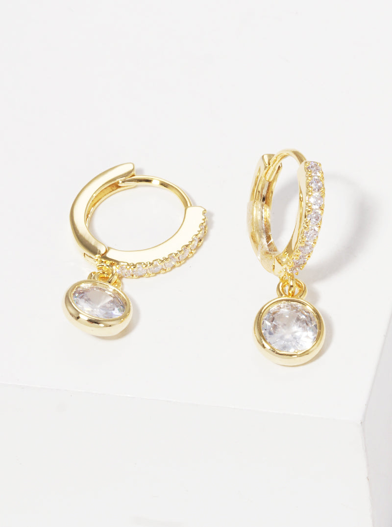 18K Gold Dipped 10mm CZ Pave Huggie Hoop Earrings With Round CZ Drop