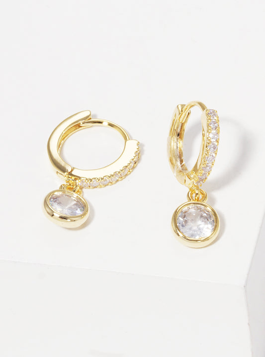 18K Gold Dipped 10mm CZ Pave Huggie Hoop Earrings With Round CZ Drop