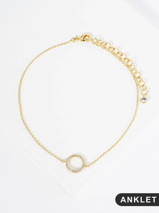 18K Gold Dipped 10mm Cubic Zirconia Pave Circle Brass Chain Anklet