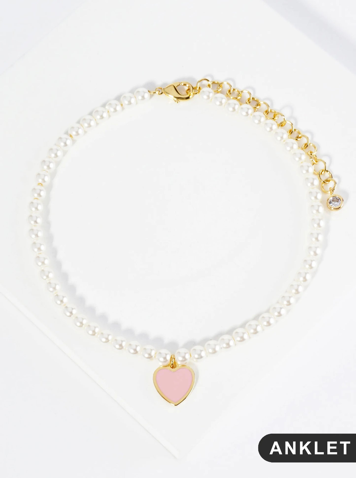 18K Gold Dipped 10mm Enamel Heart Charm Pearl Chain Anklet
