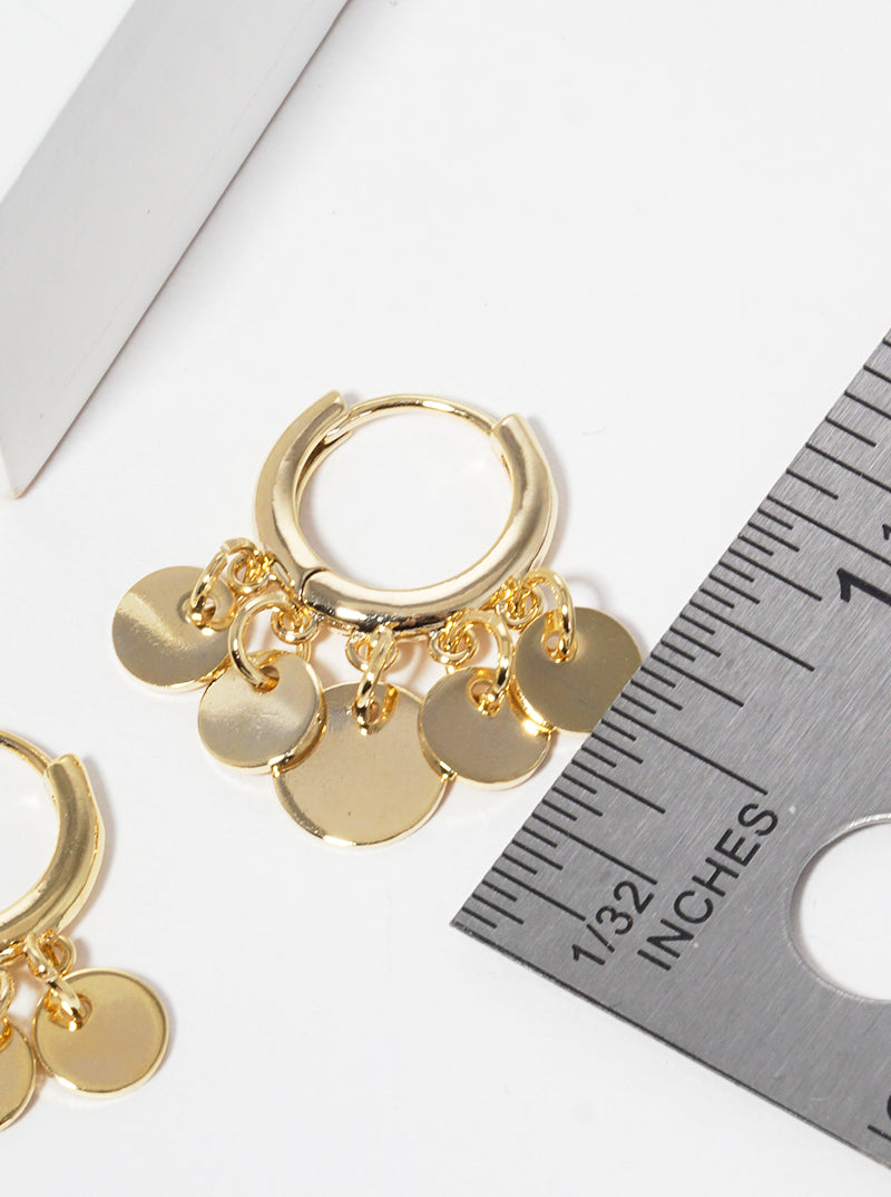 18K Gold Dipped 10mm Huggie Hoop Earrings With Disc Fringe Drop