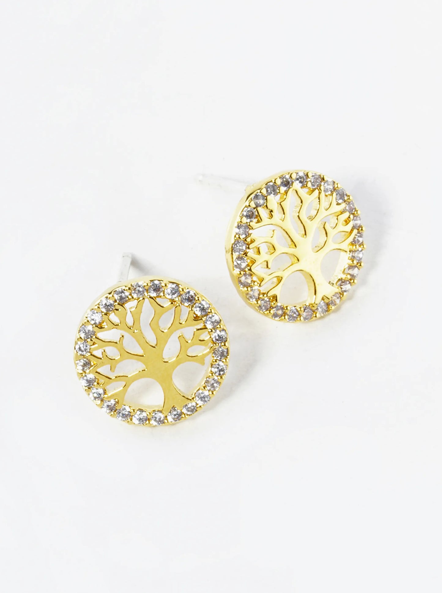 18K Gold Dipped 10mm Pave Set CZ Tree Of Life Stud Earrings