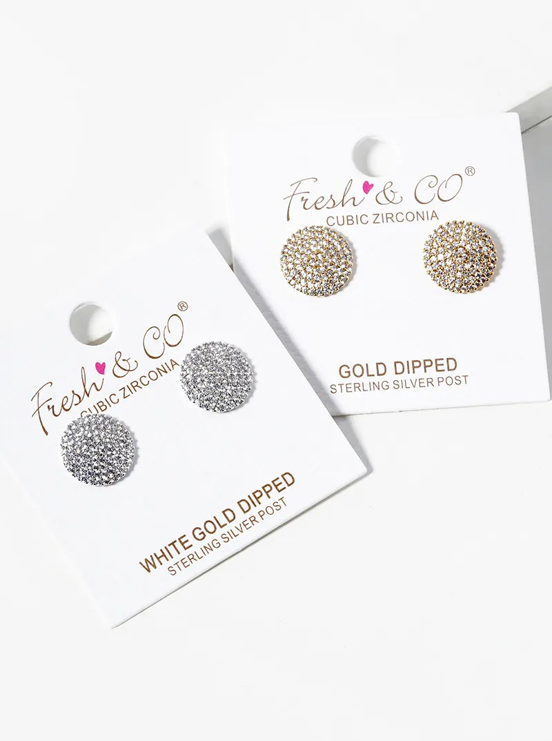 18K Gold Dipped 11mm CZ Pave Round Statement Post Stud Earrings