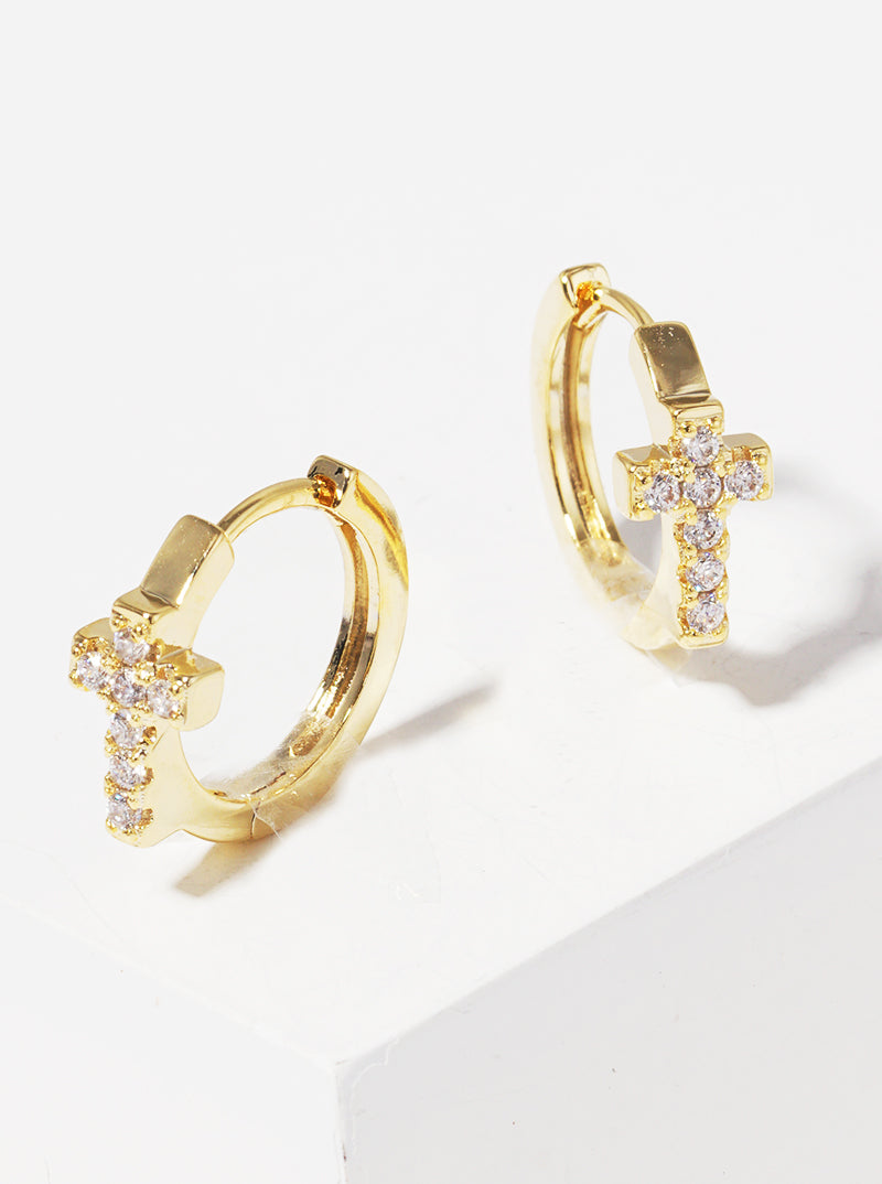 18K Gold Dipped 12mm CZ Pave Cross Huggie Earrings
