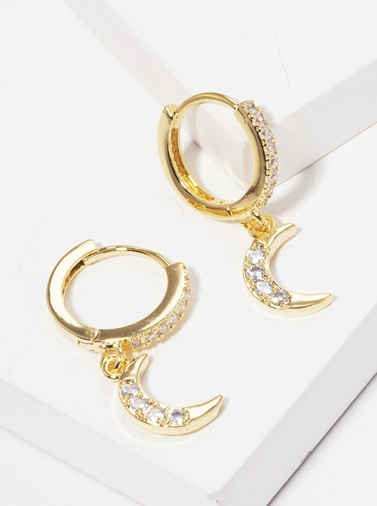 18K Gold Dipped 12mm CZ Pave Huggie Hoop Earrings With Moon Drop