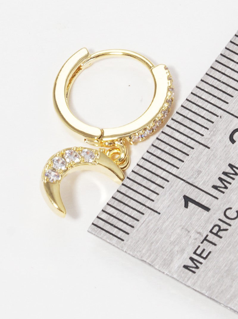 18K Gold Dipped 12mm CZ Pave Huggie Hoop Earrings With Moon Drop