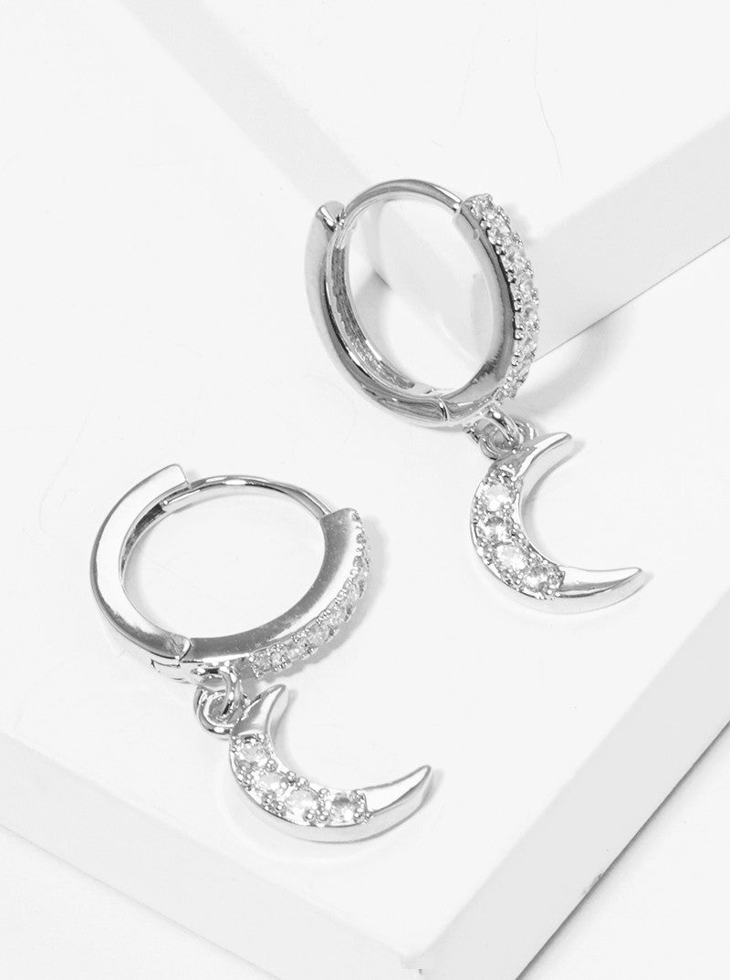 18K Gold Dipped 12mm CZ Pave Huggie Hoop Earrings With Moon Drop