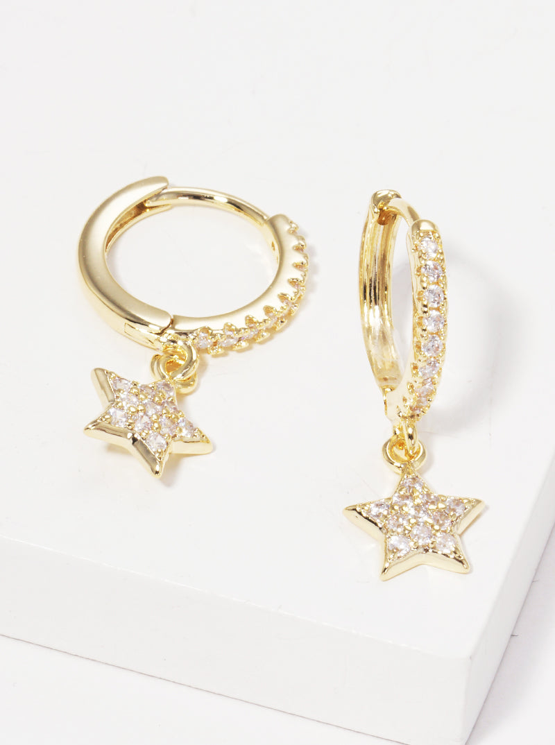 18K Gold Dipped 12mm CZ Pave Huggie Hoop Earrings With Star Drop