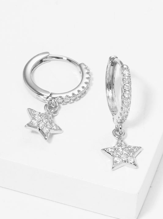18K Gold Dipped 12mm CZ Pave Huggie Hoop Earrings With Star Drop