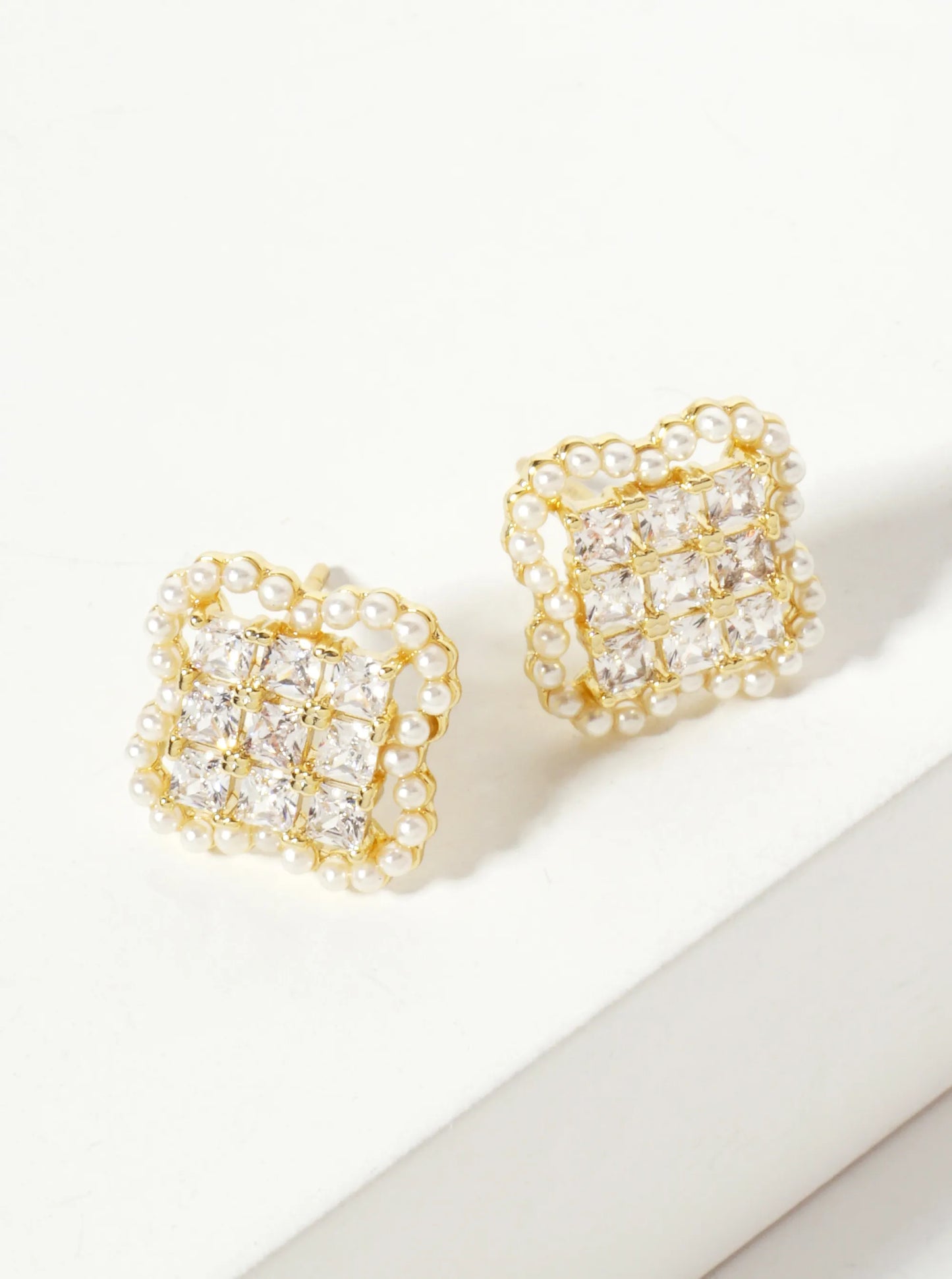 18K-Gold-Dipped 13mm CZ-Set Quatrefoil Stud Earrings With Pave Glass Pearl Frame