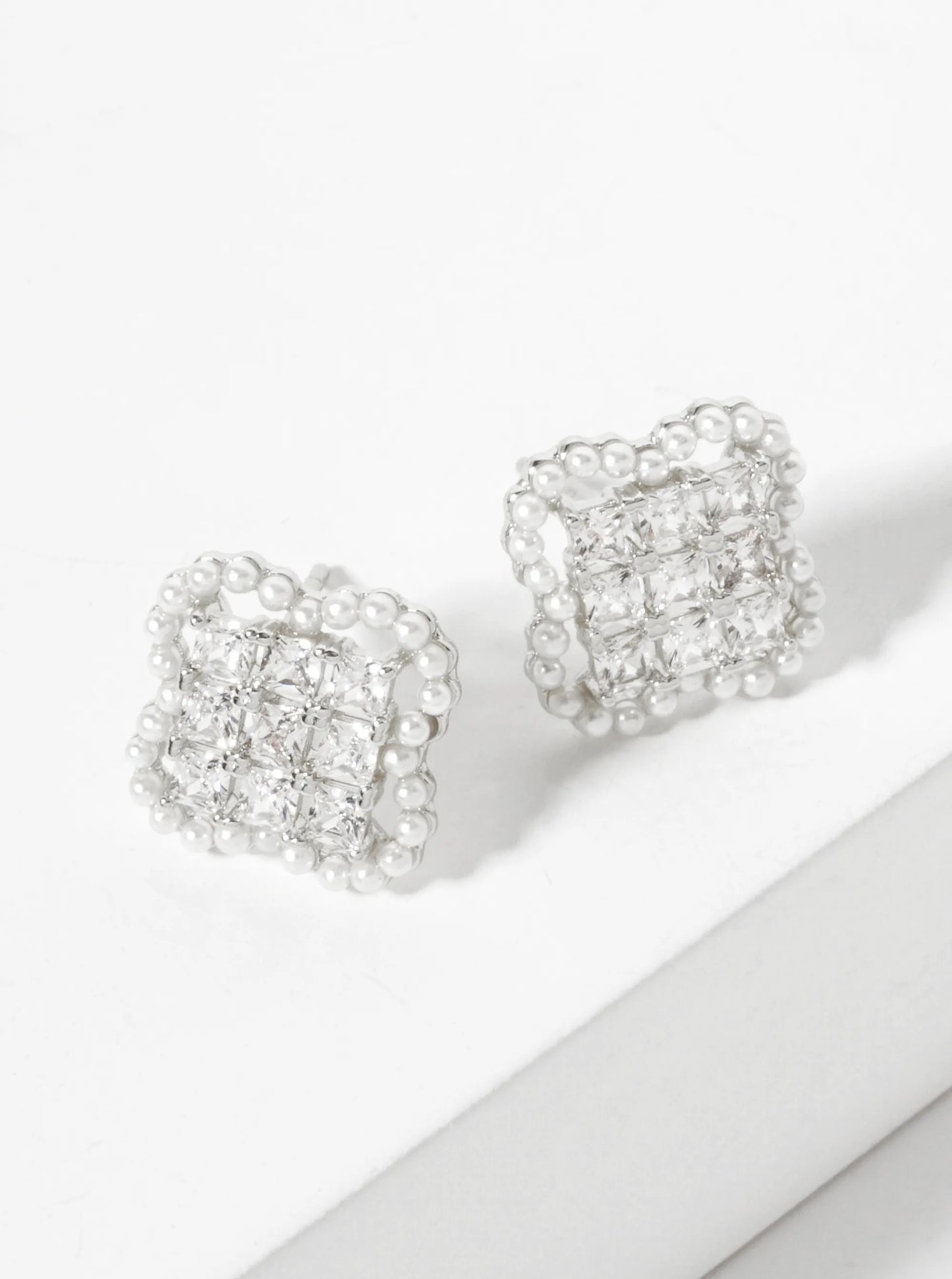18K-Gold-Dipped 13mm CZ-Set Quatrefoil Stud Earrings With Pave Glass Pearl Frame