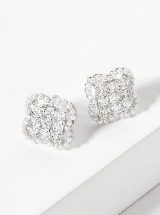 18K-Gold-Dipped 13mm CZ-Set Quatrefoil Stud Earrings With Pave Glass Pearl Frame