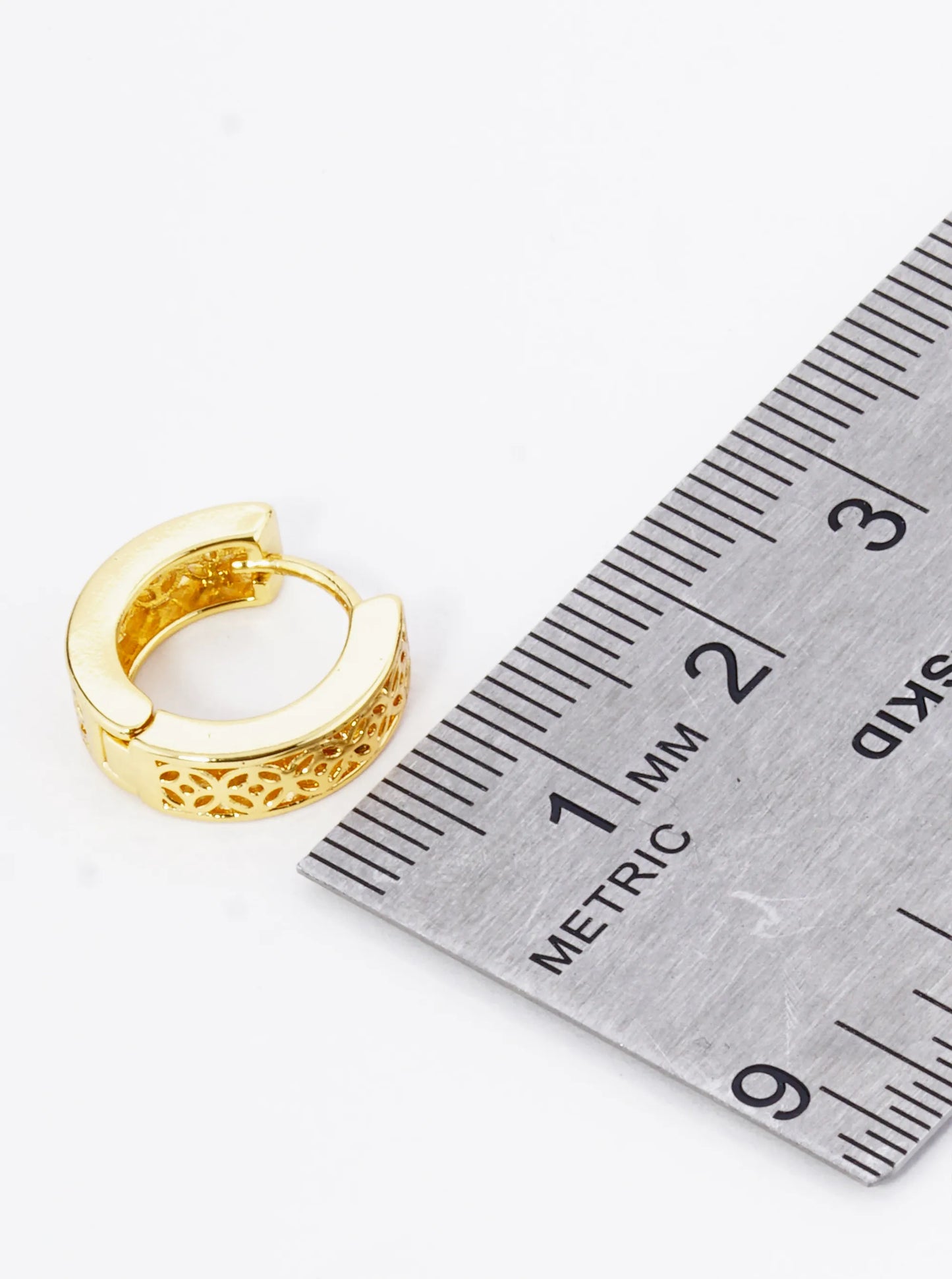 18K Gold Dipped 13mm Filigree Brass Huggie Hoop Earrings