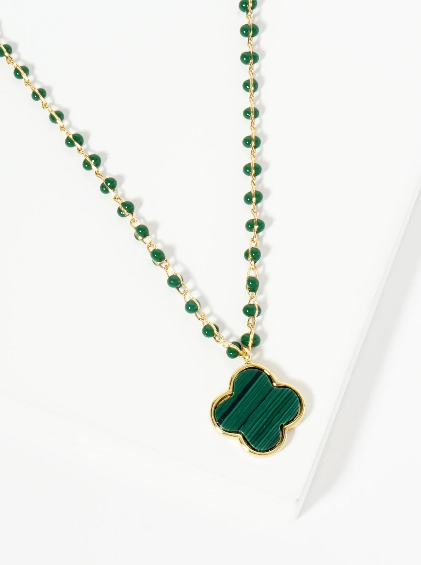 18K Gold Dipped 14mm Quatrefoil Pendant Glass Beaded Chain Necklace