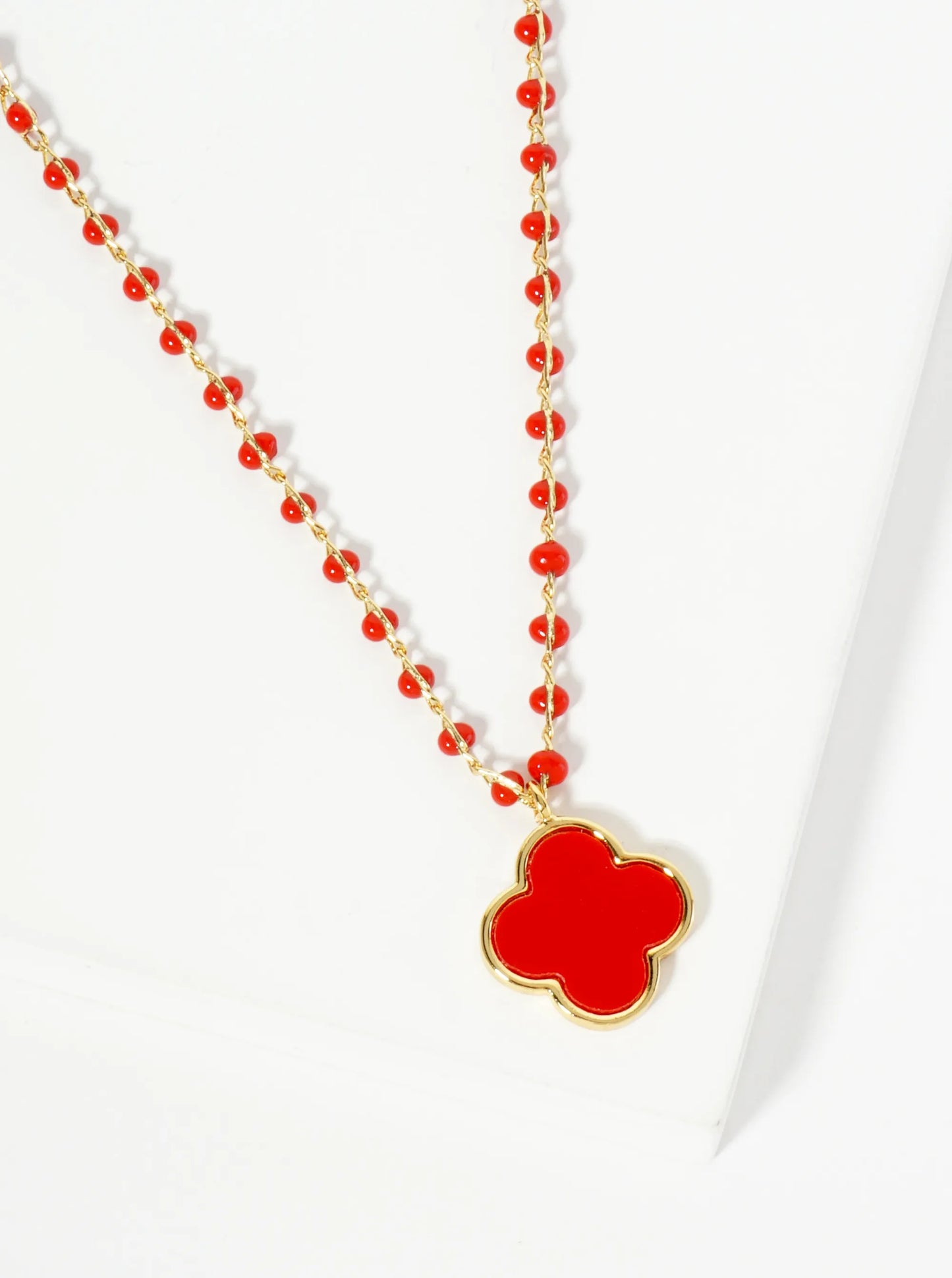 18K Gold Dipped 14mm Quatrefoil Pendant Glass Beaded Chain Necklace
