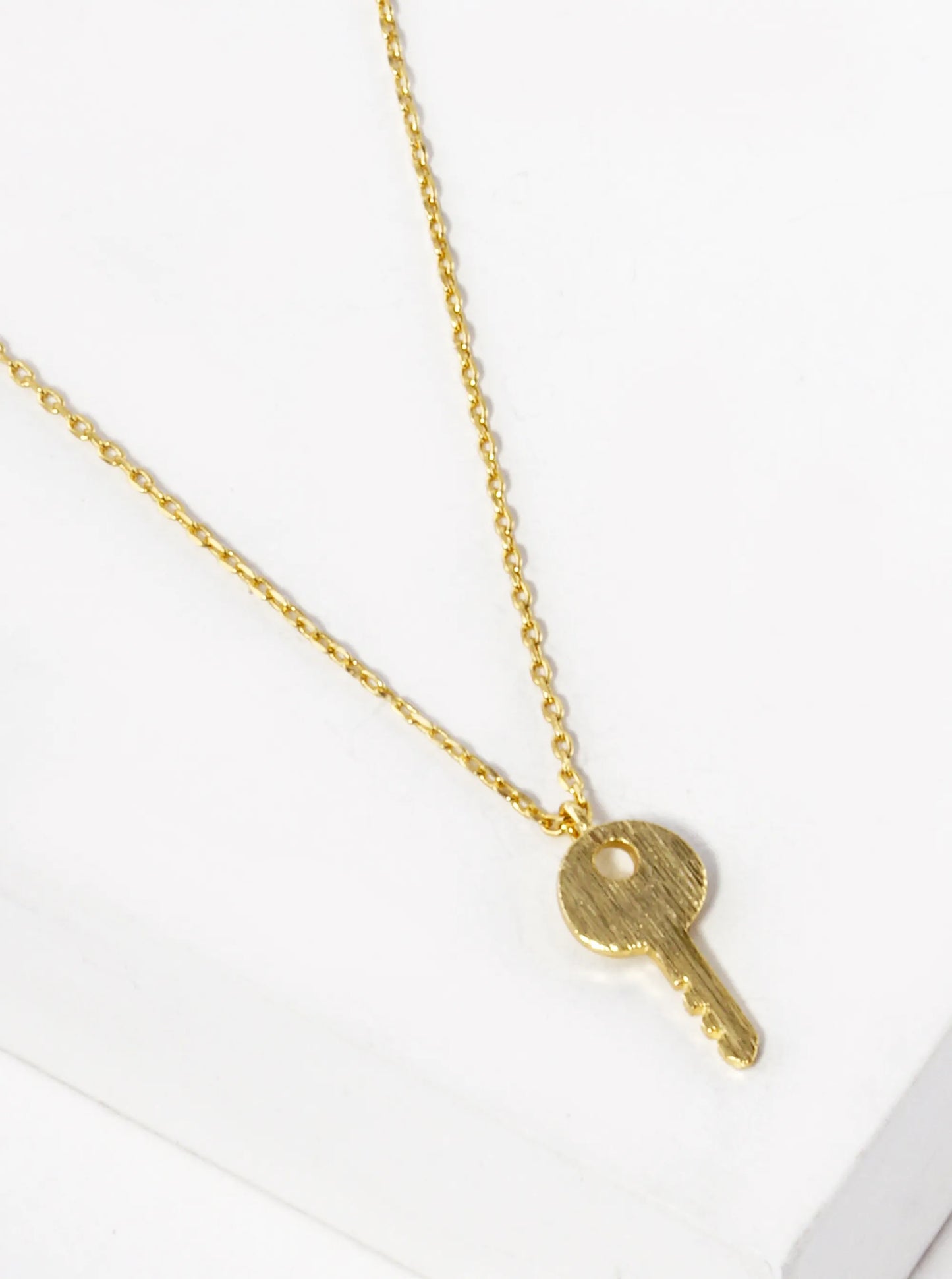 White Gold Dipped 15mm Brushed Brass Key Pendant Necklace