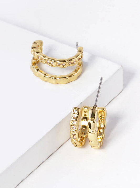 18K Gold Dipped 15mm Diameter CZ Double Line Brass Hoop Earrings