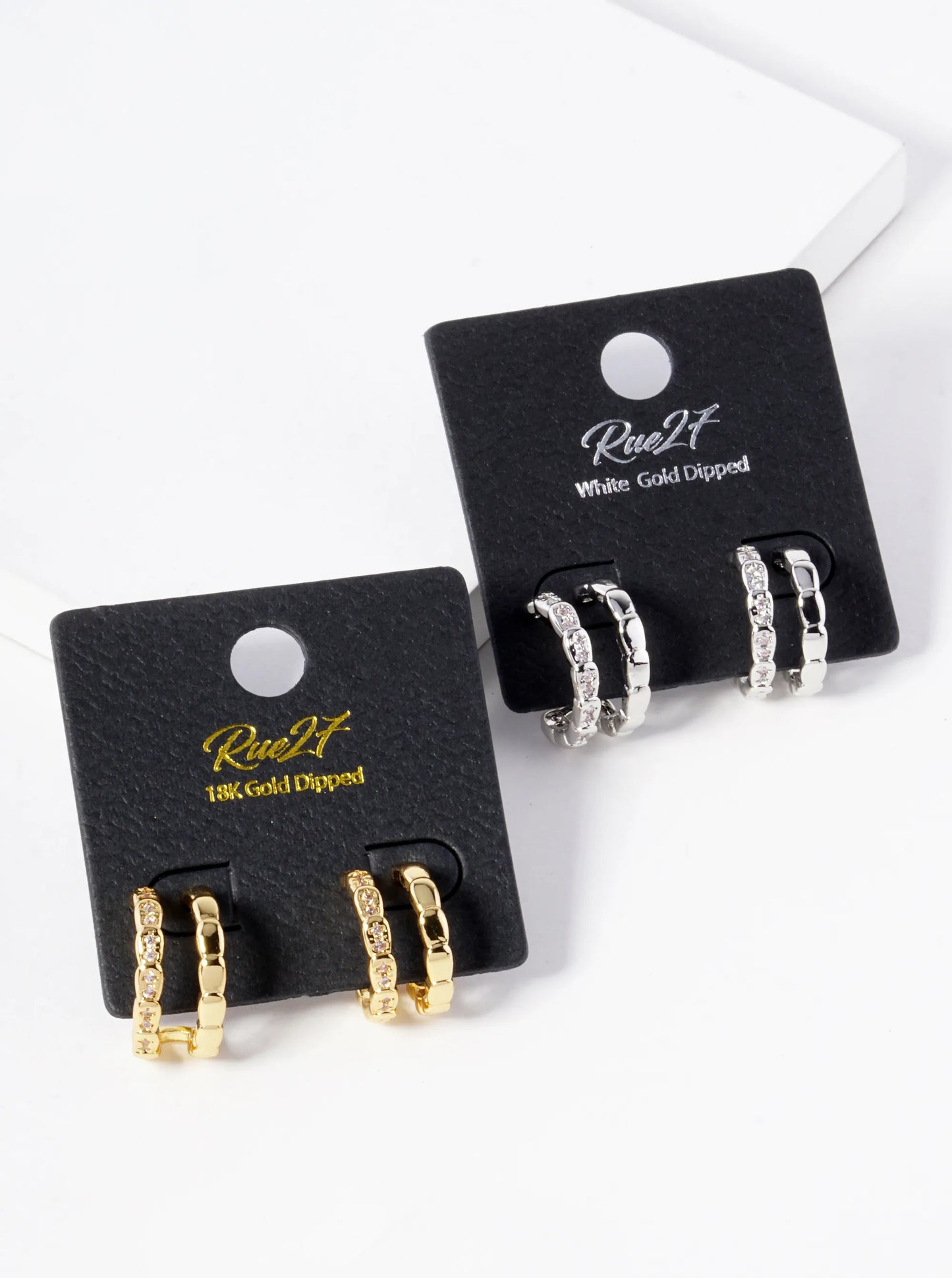18K Gold Dipped 15mm Diameter CZ Double Line Brass Hoop Earrings