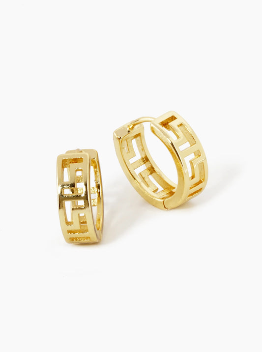 18K Gold Dipped 15mm Greek Key Pattern Small Huggie Earrings