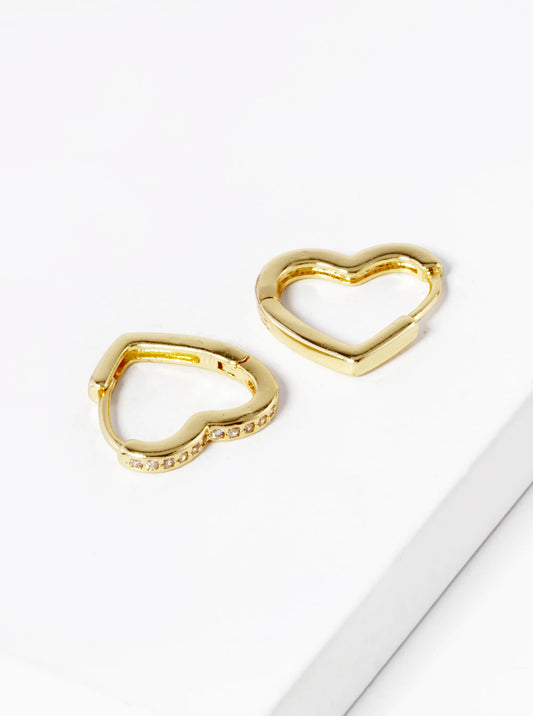 18K Gold Dipped 15mm Heart Shape Cubic Zirconia Brass Huggie Earrings
