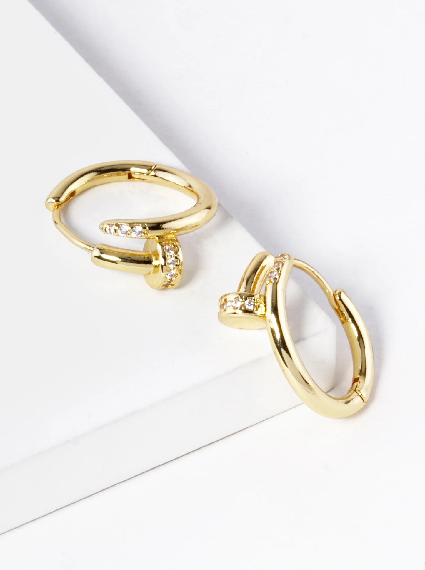 18K Gold Dipped 20mm Cubic Zirconia Simulated Nail Brass Huggie Earrings