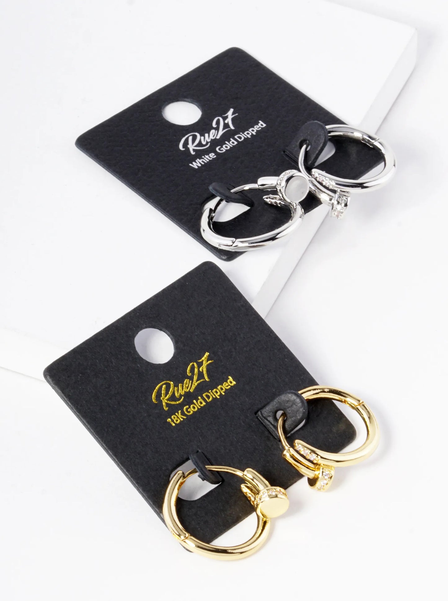 18K Gold Dipped 20mm Cubic Zirconia Simulated Nail Brass Huggie Earrings