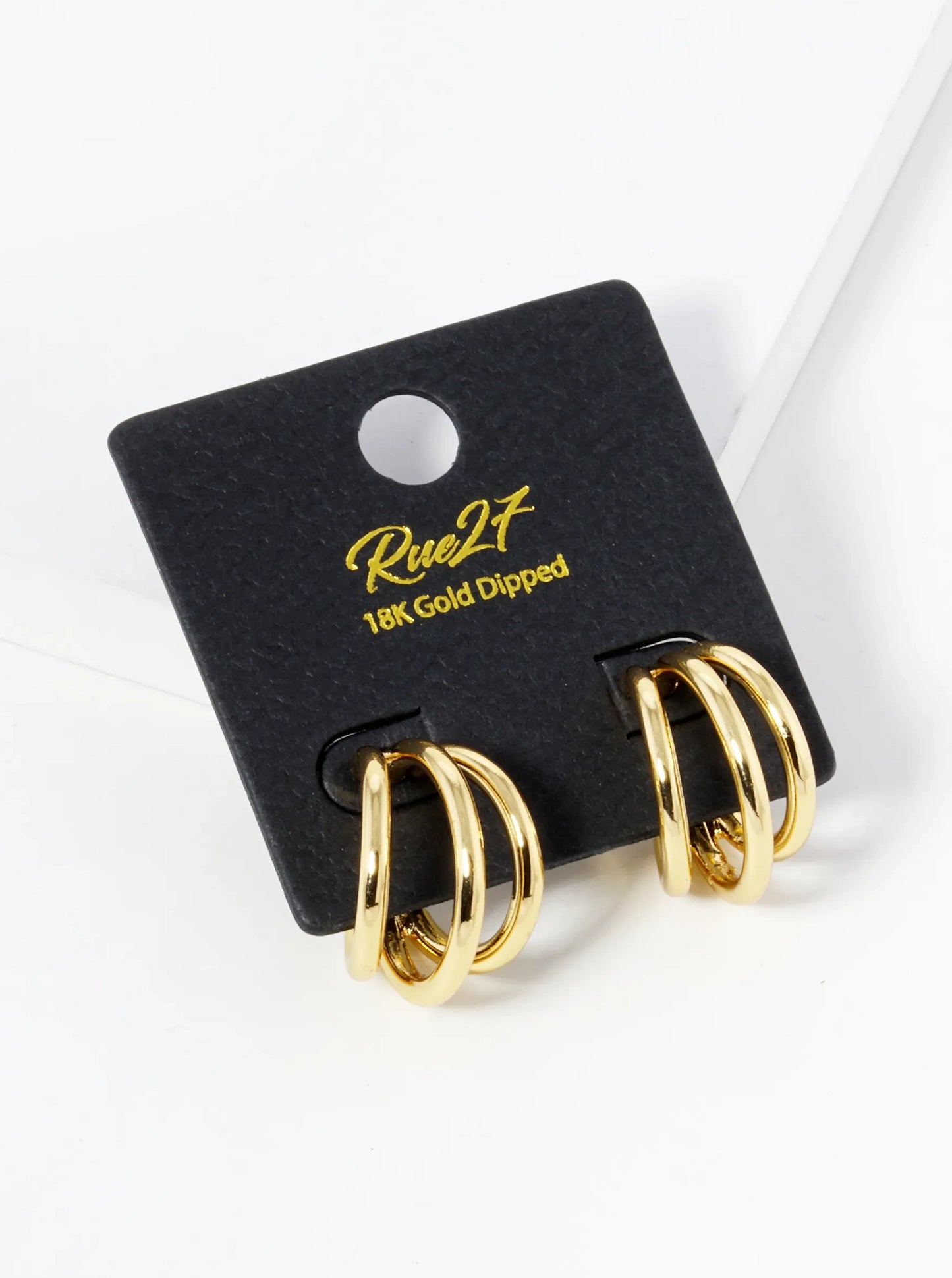 18K Gold Dipped 20mm Diameter Graduated 3 Line Brass Hoop Earrings