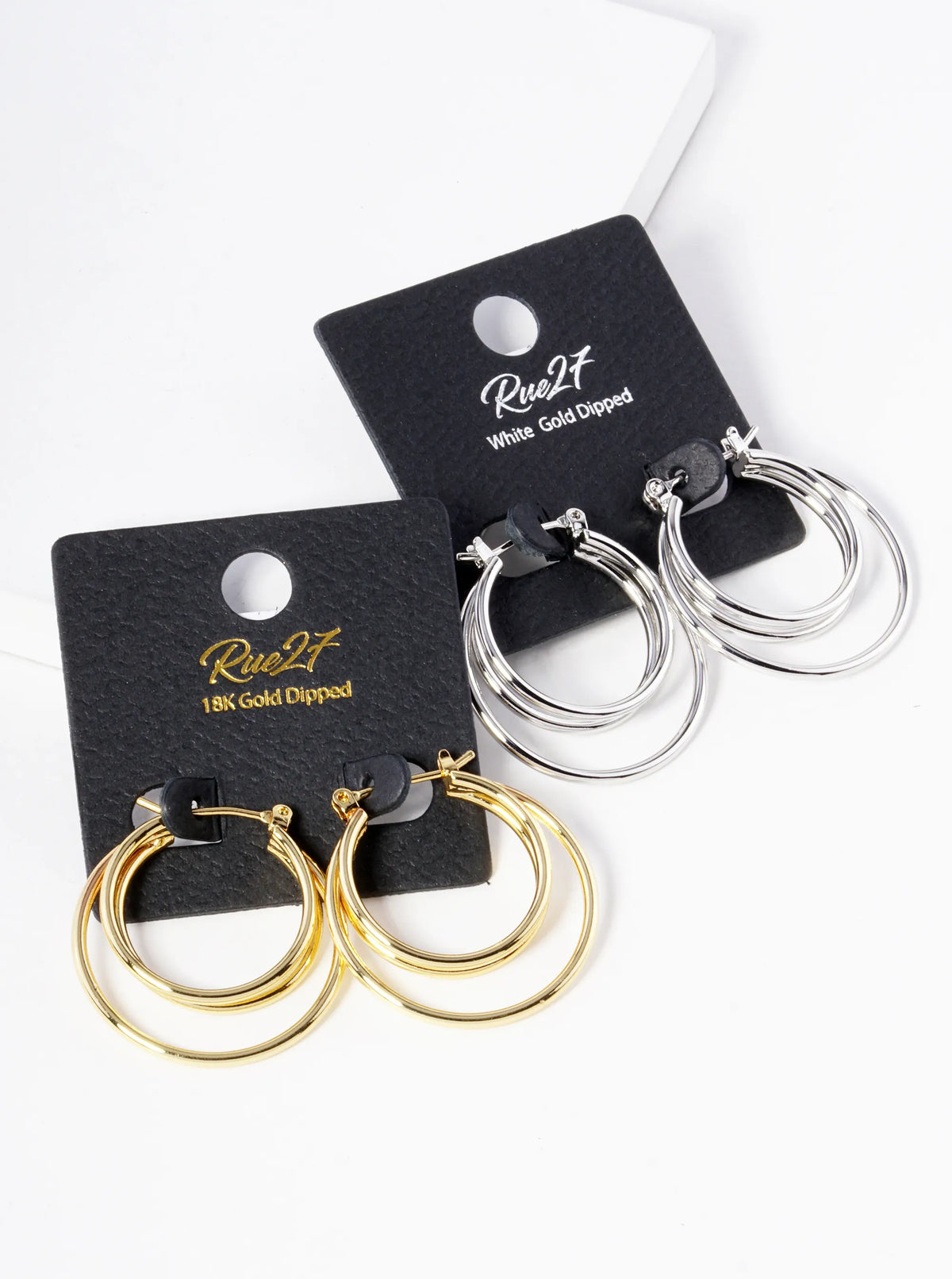 18K Gold Dipped 3 Circles Brass Pin Catch Hoop Earrings Rhodium