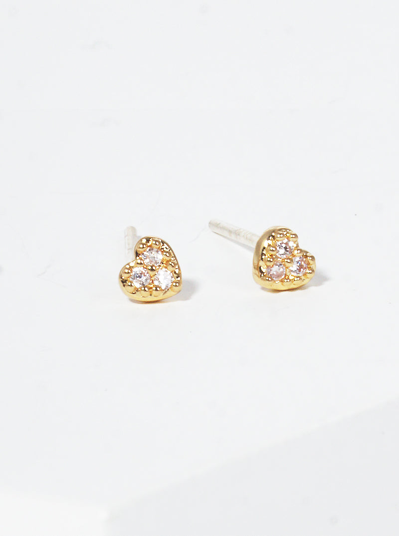 18K Gold Dipped 3mm Heart CZ Pave Sterling Silver Post Stud Earrings