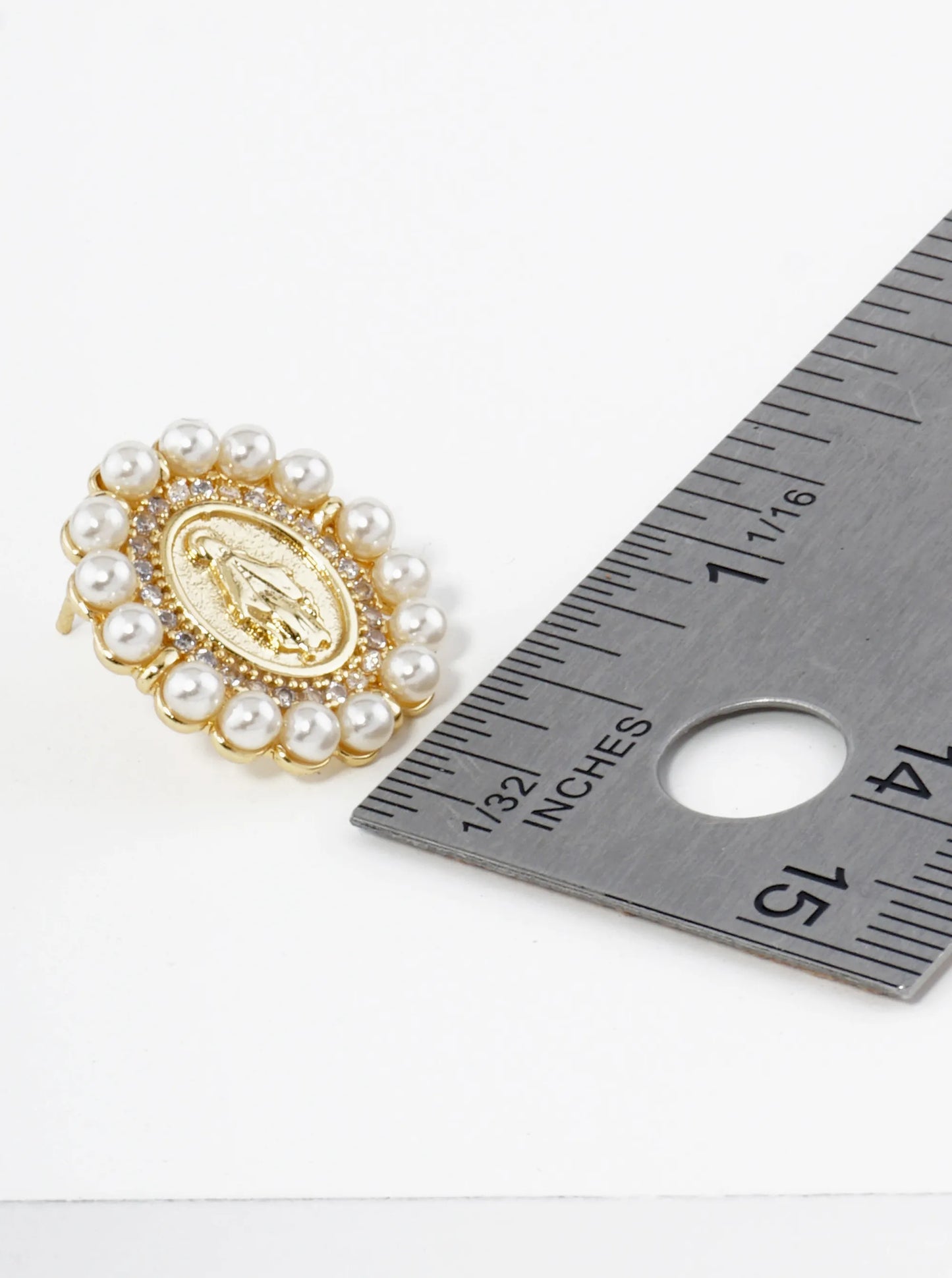 18K Gold Dipped 3mm Pearl Beaded CZ Oval Miraculous Medal Stud Earrings