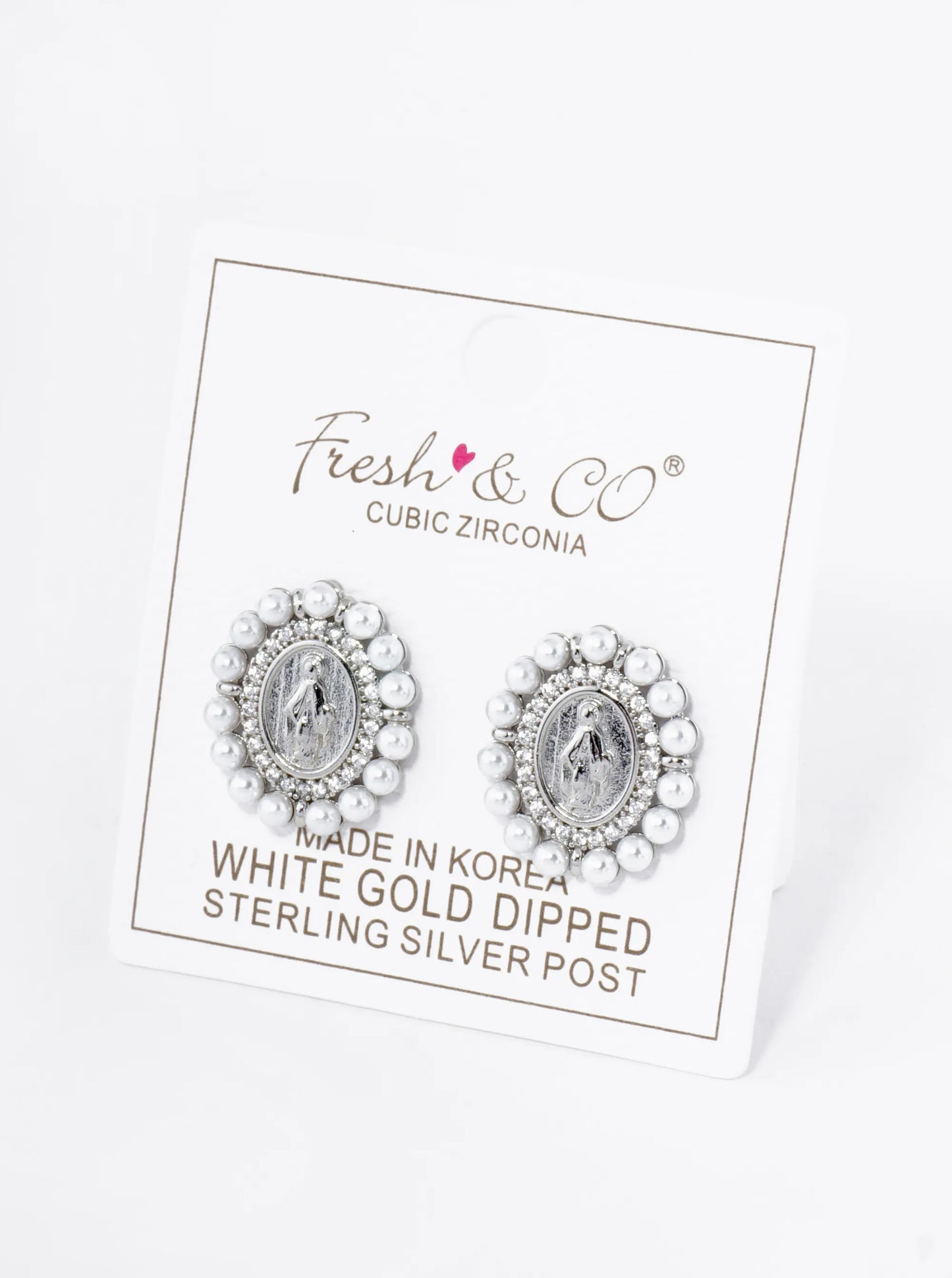 18K Gold Dipped 3mm Pearl Beaded CZ Oval Miraculous Medal Stud Earrings