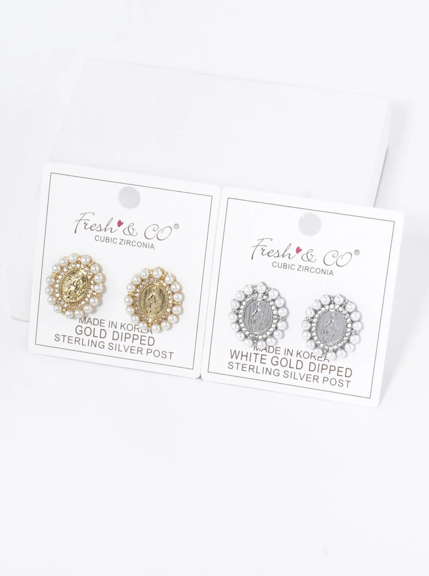 18K Gold Dipped 3mm Pearl Beaded CZ Oval Miraculous Medal Stud Earrings