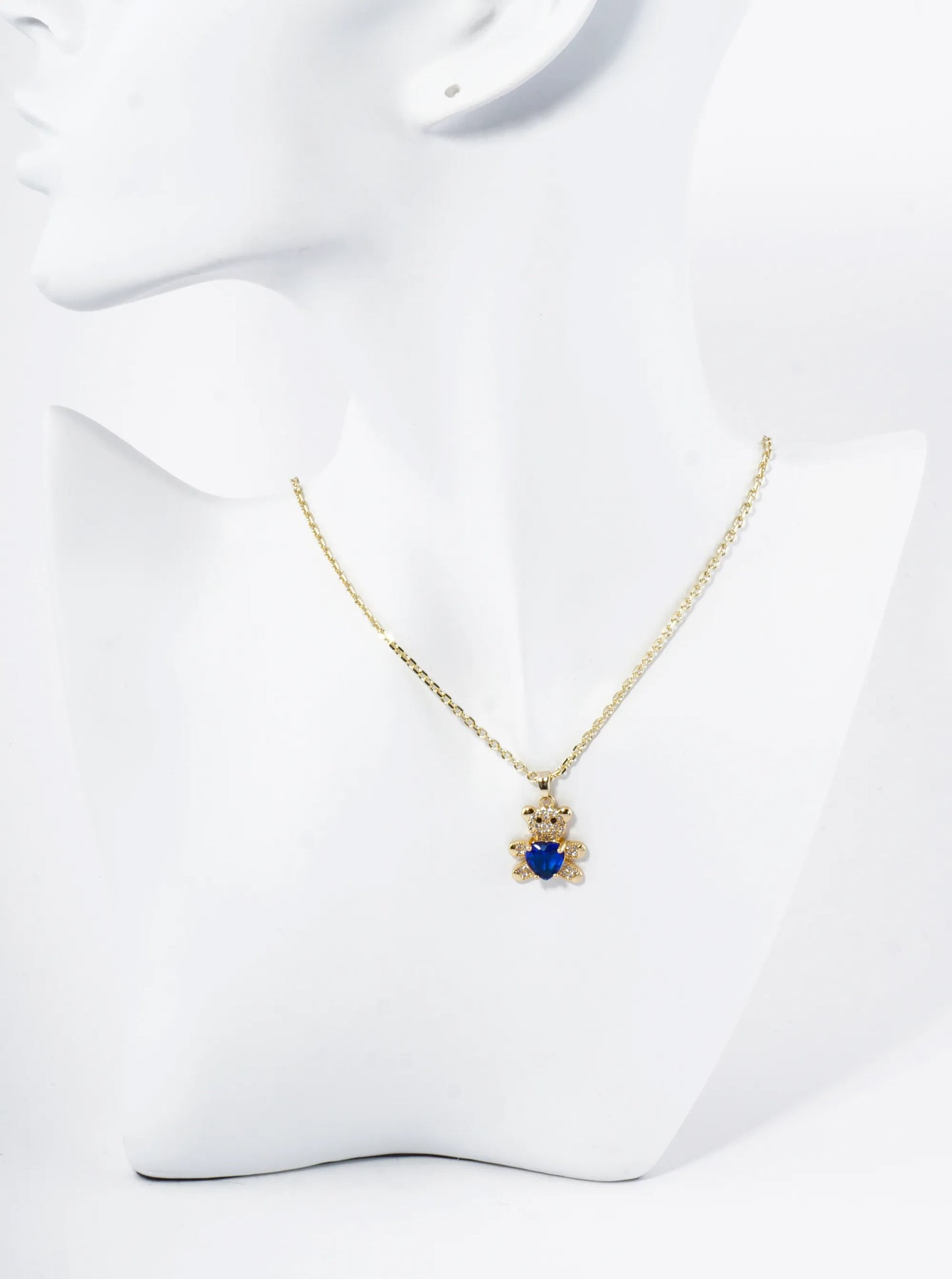 18K Gold Dipped 4-Prong Heart CZ Stone Pave Set Teddy Bear Pendant Necklace