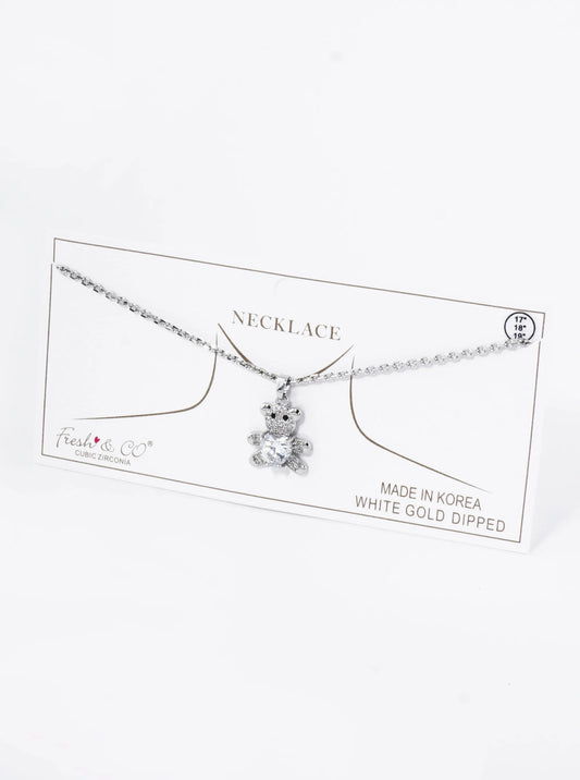 18K Gold Dipped 4-Prong Heart CZ Stone Pave Set Teddy Bear Pendant Necklace