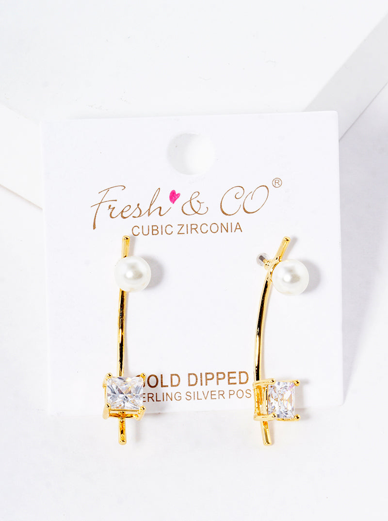 18K Gold Dipped 4-Prong Square CZ Pearl Curved Bar Post Drop Earrings