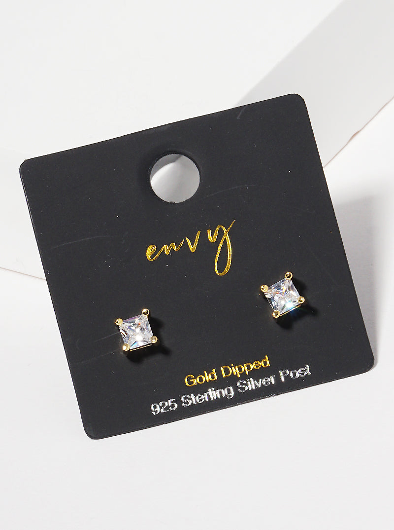 18K Gold Dipped 4mm Square CZ Sterling Silver Post Stud Earrings