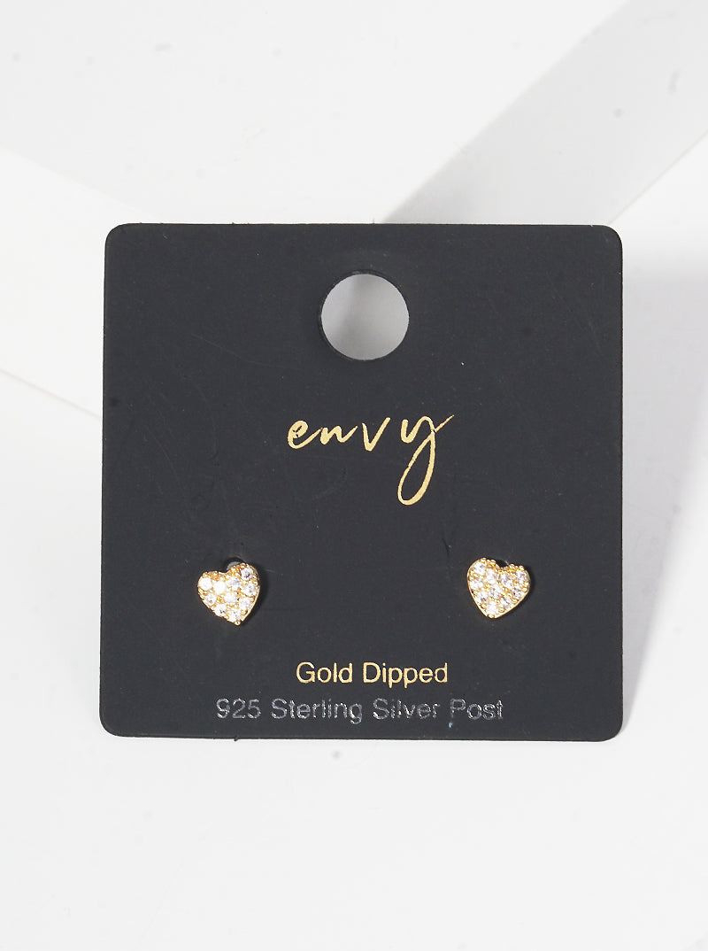 18K Gold Dipped 5mm Heart CZ Pave Sterling Silver Post Stud Earrings