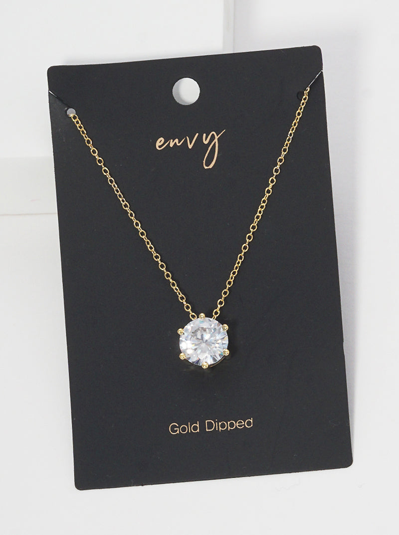 18K Gold Dipped 6-Prong Crown 10mm CZ Pendant Brass Necklace
